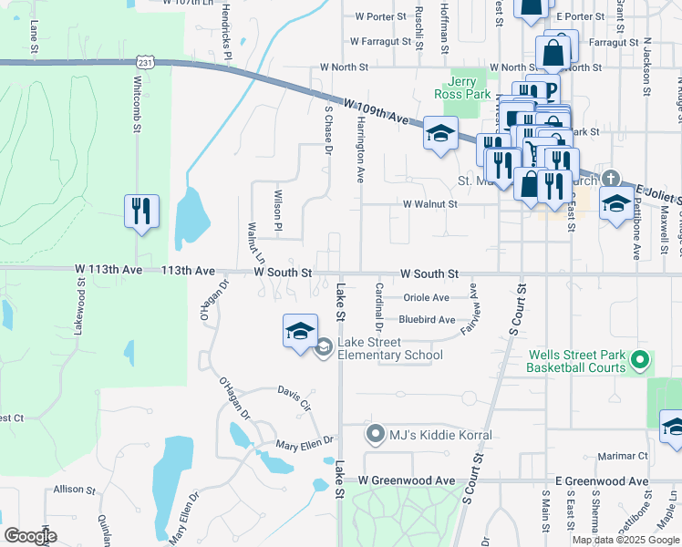 map of restaurants, bars, coffee shops, grocery stores, and more near 800 West South Street in Crown Point
