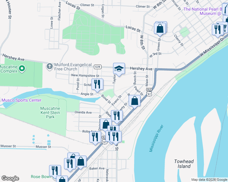 map of restaurants, bars, coffee shops, grocery stores, and more near 399 Taylor Street in Muscatine