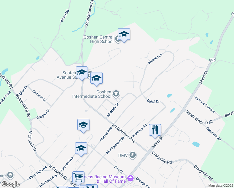 map of restaurants, bars, coffee shops, grocery stores, and more near 13 McNally Street in Goshen