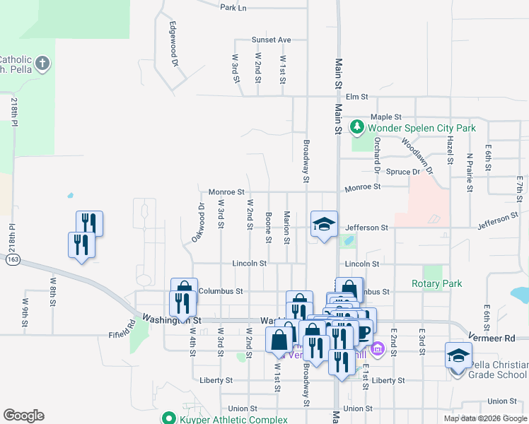 map of restaurants, bars, coffee shops, grocery stores, and more near 1246 Boone Street in Pella