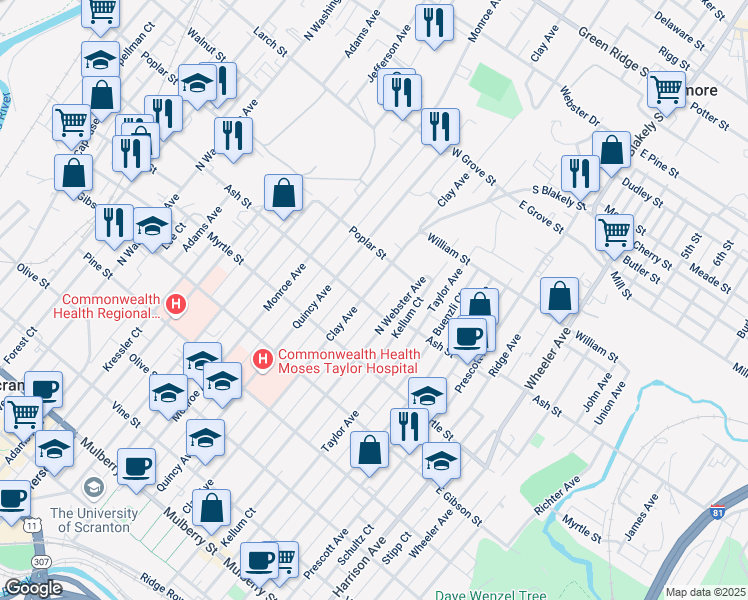 map of restaurants, bars, coffee shops, grocery stores, and more near 1000 Clay Avenue in Scranton