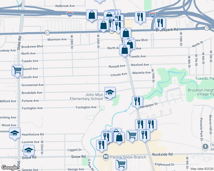 map of restaurants, bars, coffee shops, grocery stores, and more near 2308 Grovewood Avenue in Parma