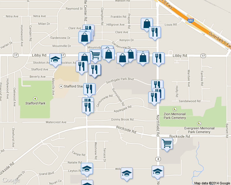 map of restaurants, bars, coffee shops, grocery stores, and more near 20920 Southgate Park Boulevard in Maple Heights