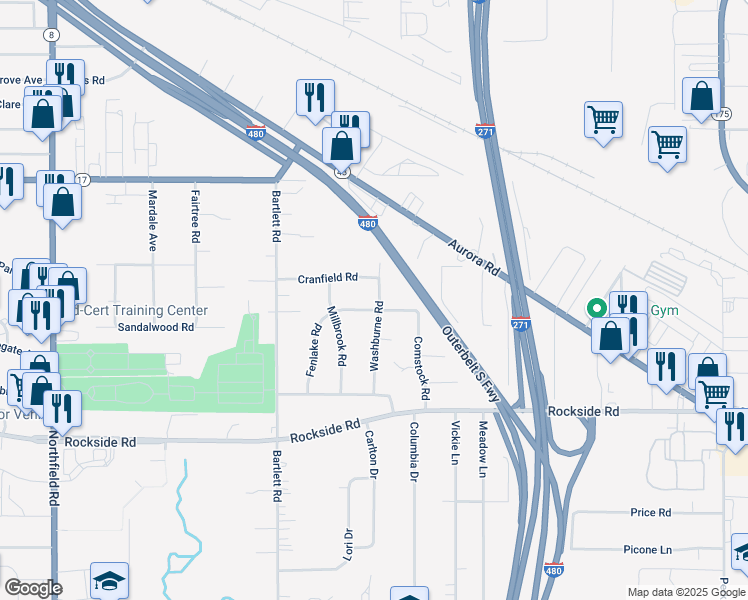 map of restaurants, bars, coffee shops, grocery stores, and more near 5387 Washburne Road in Bedford Heights