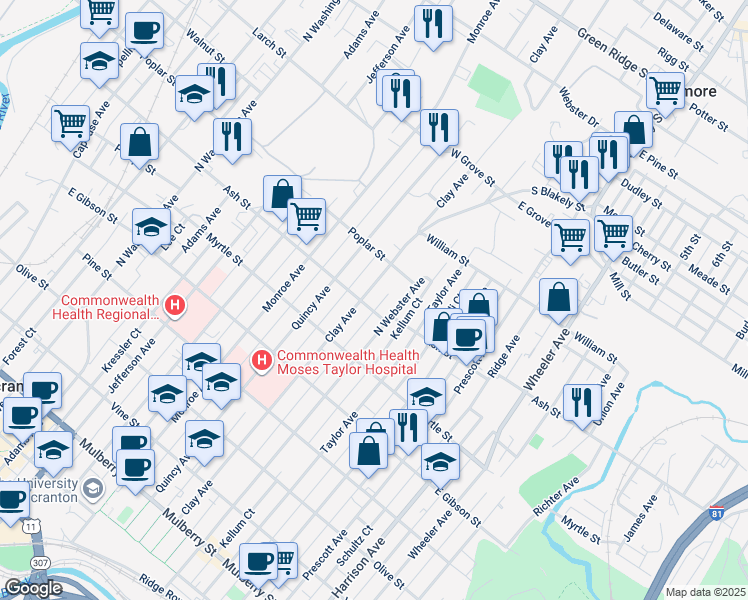 map of restaurants, bars, coffee shops, grocery stores, and more near 1000 Clay Avenue in Scranton