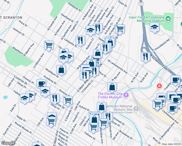 map of restaurants, bars, coffee shops, grocery stores, and more near 139 North Main Avenue in Scranton