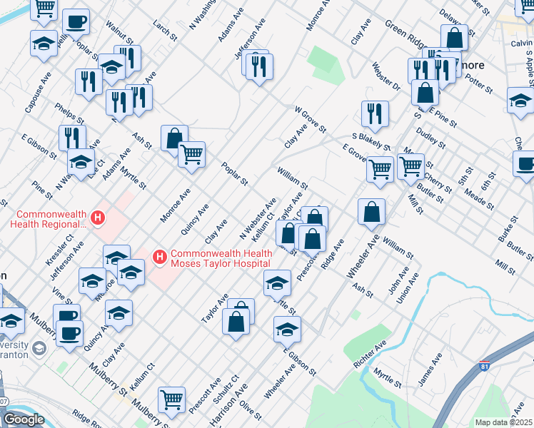 map of restaurants, bars, coffee shops, grocery stores, and more near 1050 North Webster Avenue in Scranton