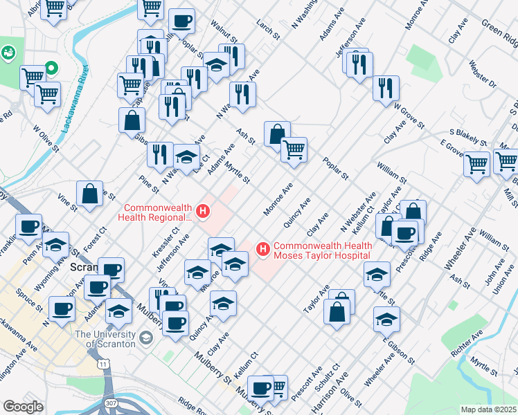 map of restaurants, bars, coffee shops, grocery stores, and more near 832 Madison Avenue in Scranton
