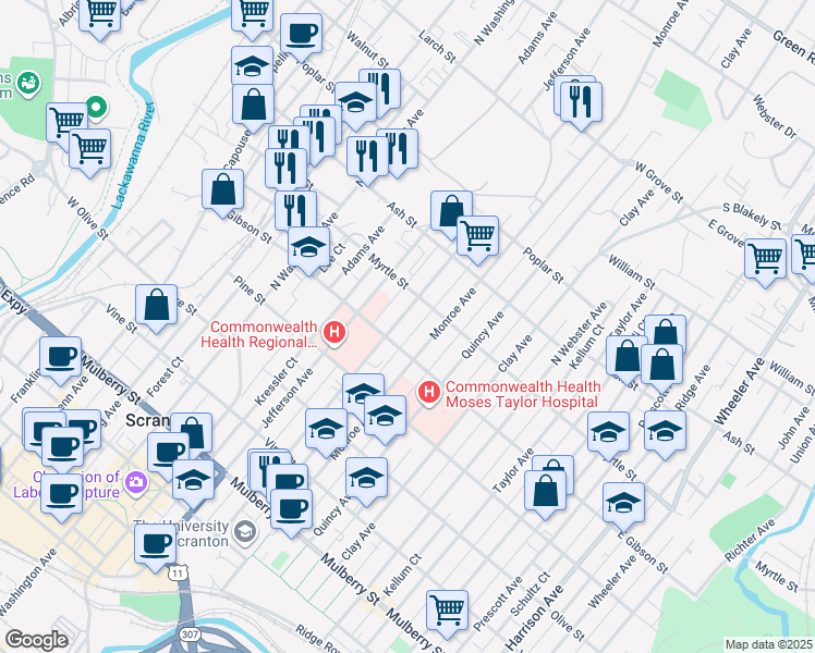 map of restaurants, bars, coffee shops, grocery stores, and more near 832 Madison Avenue in Scranton