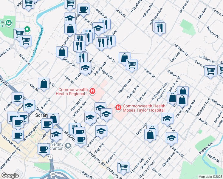 map of restaurants, bars, coffee shops, grocery stores, and more near 832 Madison Avenue in Scranton
