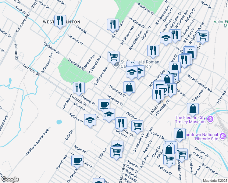 map of restaurants, bars, coffee shops, grocery stores, and more near 1526 Washburn Street in Scranton