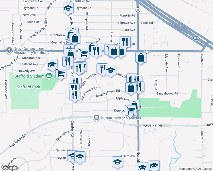 map of restaurants, bars, coffee shops, grocery stores, and more near 20920 Southgate Park Boulevard in Maple Heights