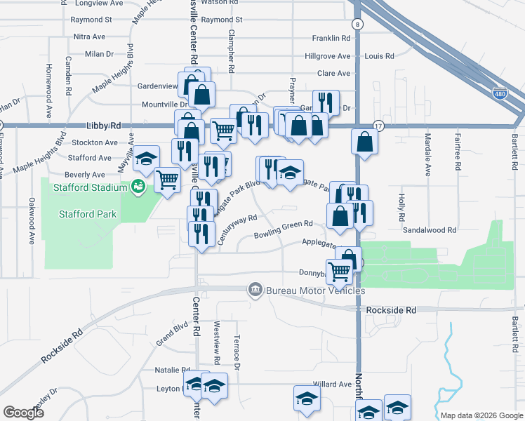 map of restaurants, bars, coffee shops, grocery stores, and more near 15809 Libby Road in Maple Heights