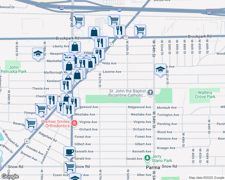 map of restaurants, bars, coffee shops, grocery stores, and more near 6406 Theota Avenue in Parma