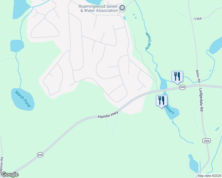 map of restaurants, bars, coffee shops, grocery stores, and more near 119 Garden Drive in Hamlin