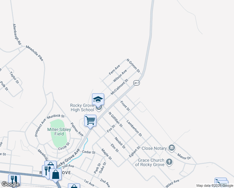 map of restaurants, bars, coffee shops, grocery stores, and more near 705 McCalmont Street in Franklin