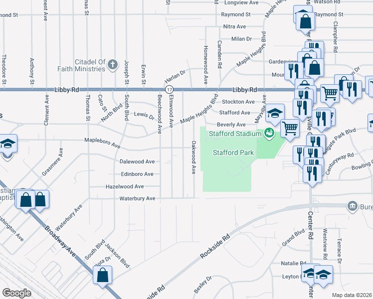 map of restaurants, bars, coffee shops, grocery stores, and more near 5436 Oakwood Avenue in Maple Heights