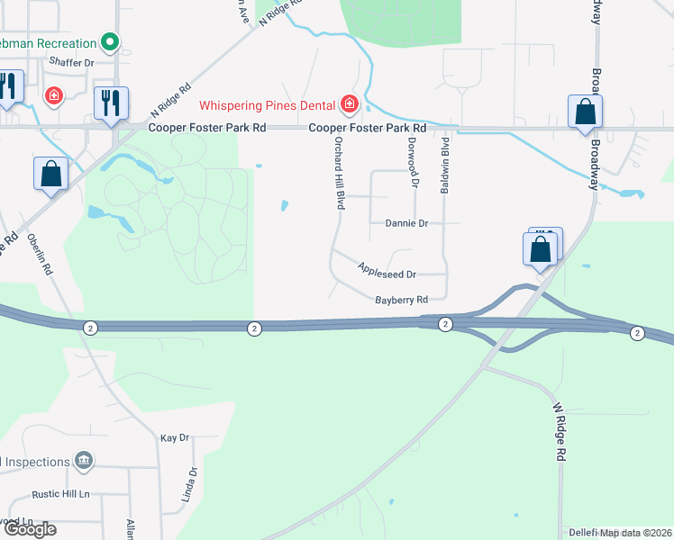 map of restaurants, bars, coffee shops, grocery stores, and more near 666 Appleseed Drive in Lorain
