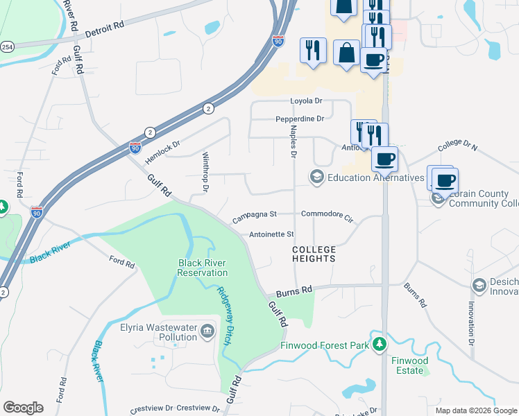 map of restaurants, bars, coffee shops, grocery stores, and more near 143 Greenway Drive in Elyria
