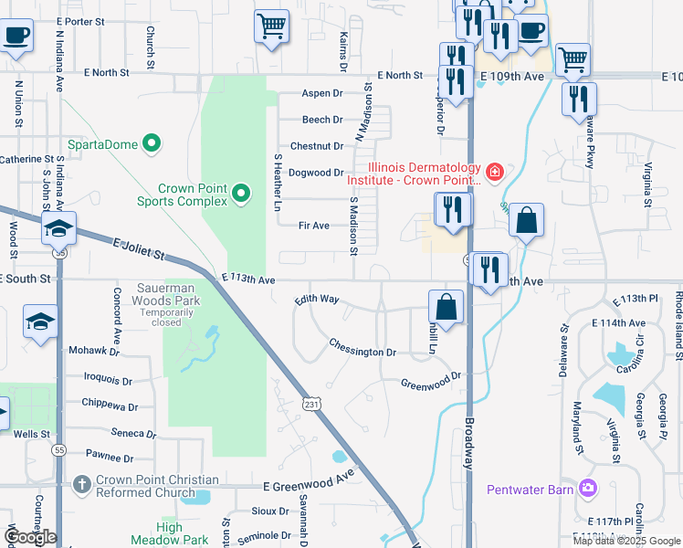 map of restaurants, bars, coffee shops, grocery stores, and more near 391 Golden Oak Court in Crown Point