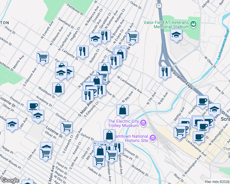 map of restaurants, bars, coffee shops, grocery stores, and more near 1-199 Merrifield Place in Scranton