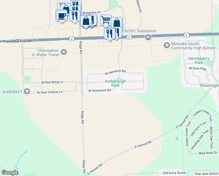 map of restaurants, bars, coffee shops, grocery stores, and more near 27016 West Sycamore Road in Channahon