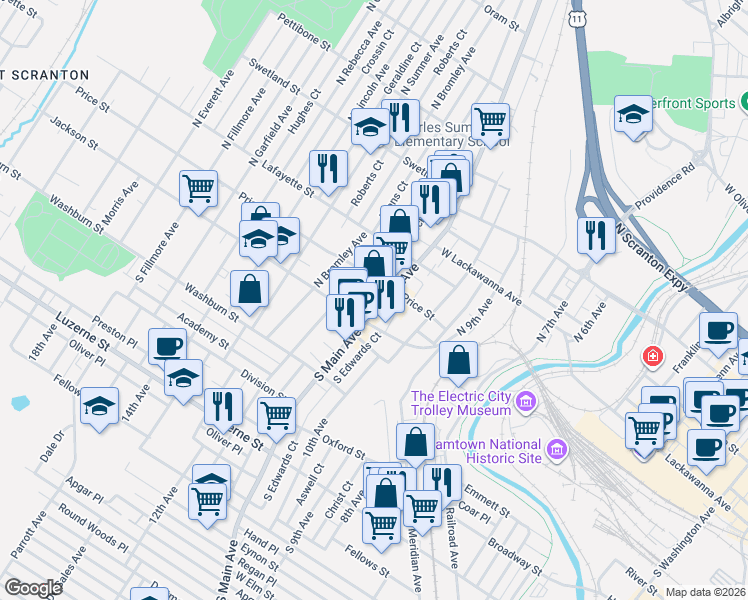 map of restaurants, bars, coffee shops, grocery stores, and more near 139 North Main Avenue in Scranton
