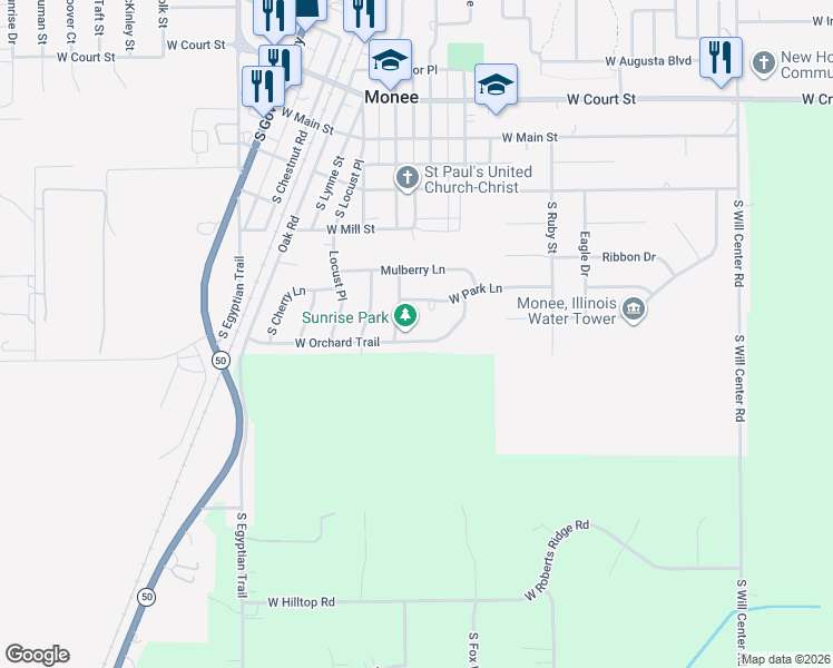 map of restaurants, bars, coffee shops, grocery stores, and more near 5320 West Orchard Trail in Monee