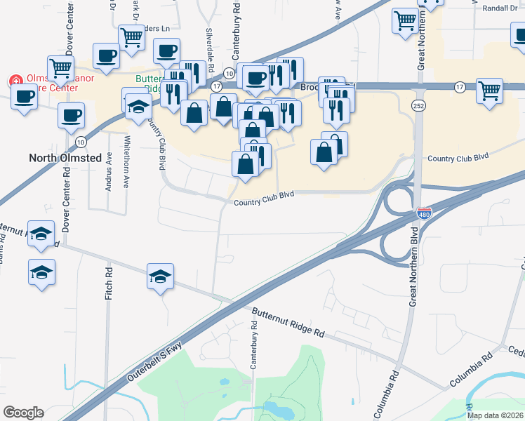 map of restaurants, bars, coffee shops, grocery stores, and more near 26101 Country Club Boulevard in North Olmsted