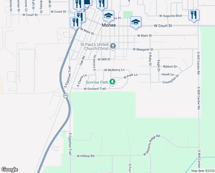 map of restaurants, bars, coffee shops, grocery stores, and more near 26248 Apple Blossom Lane in Monee
