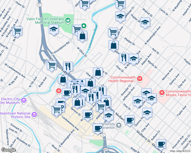 map of restaurants, bars, coffee shops, grocery stores, and more near 500 Penn Avenue in Scranton