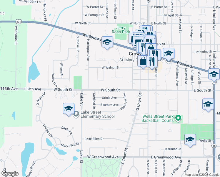 map of restaurants, bars, coffee shops, grocery stores, and more near 11 Walnut Parkway in Crown Point