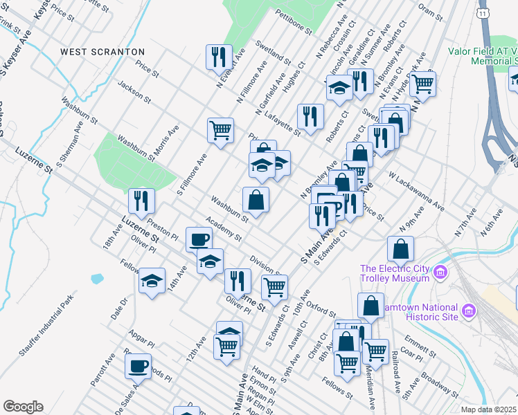 map of restaurants, bars, coffee shops, grocery stores, and more near 136 South Lincoln Avenue in Scranton
