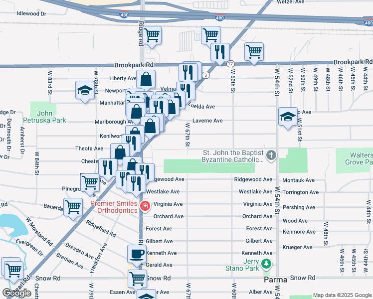 map of restaurants, bars, coffee shops, grocery stores, and more near 6702 Theota Avenue in Parma
