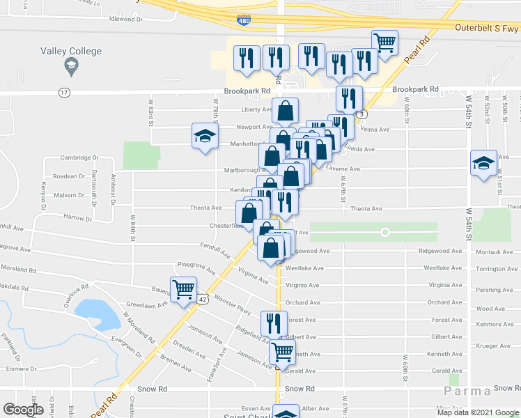 map of restaurants, bars, coffee shops, grocery stores, and more near 5426 Ridge Road in Parma