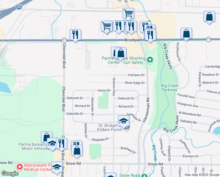 map of restaurants, bars, coffee shops, grocery stores, and more near 10881 River Edge Drive in Parma