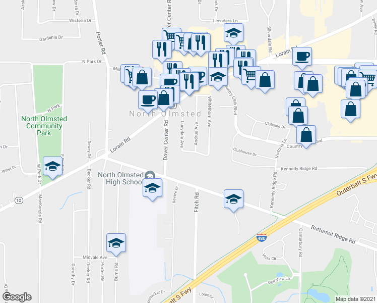 map of restaurants, bars, coffee shops, grocery stores, and more near 27018 Kennedy Ridge Extension in North Olmsted