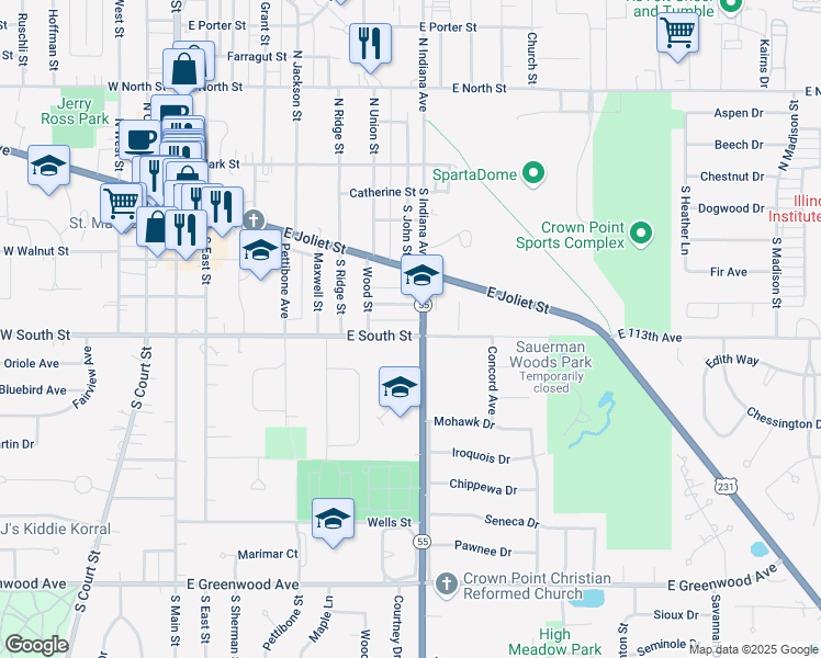 map of restaurants, bars, coffee shops, grocery stores, and more near 729 Center Street in Crown Point