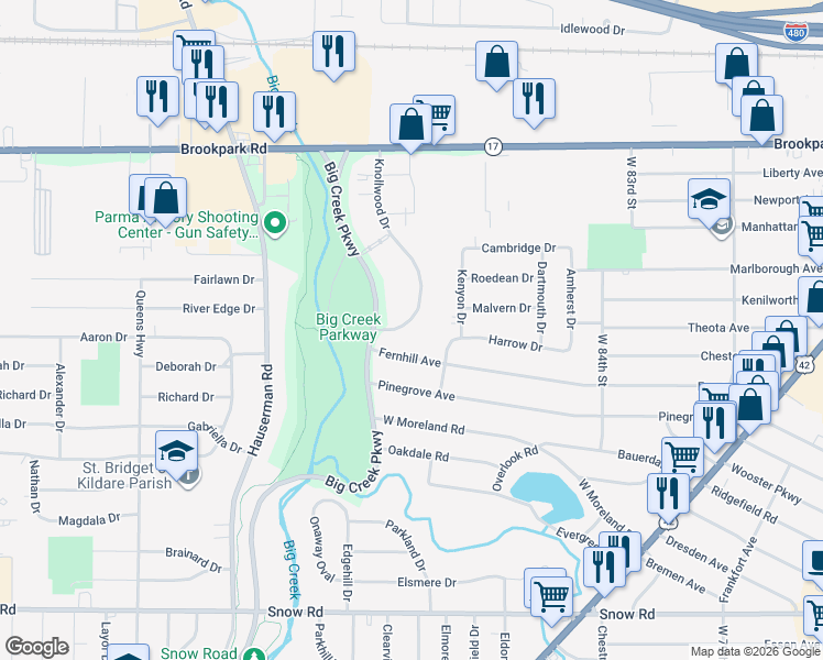 map of restaurants, bars, coffee shops, grocery stores, and more near 5437 Knollwood Drive in Parma