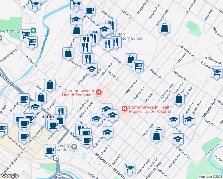 map of restaurants, bars, coffee shops, grocery stores, and more near 810 Jefferson Avenue in Scranton