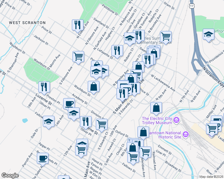 map of restaurants, bars, coffee shops, grocery stores, and more near 114 South Bromley Avenue in Scranton