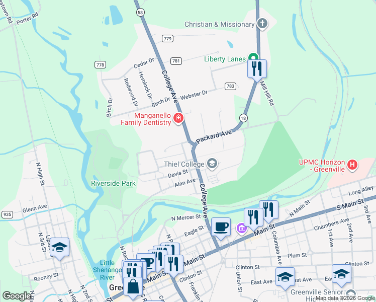 map of restaurants, bars, coffee shops, grocery stores, and more near 106 College Avenue in Greenville