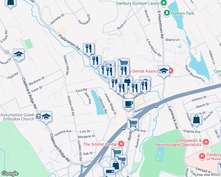 map of restaurants, bars, coffee shops, grocery stores, and more near 14 Padanaram Road in Danbury