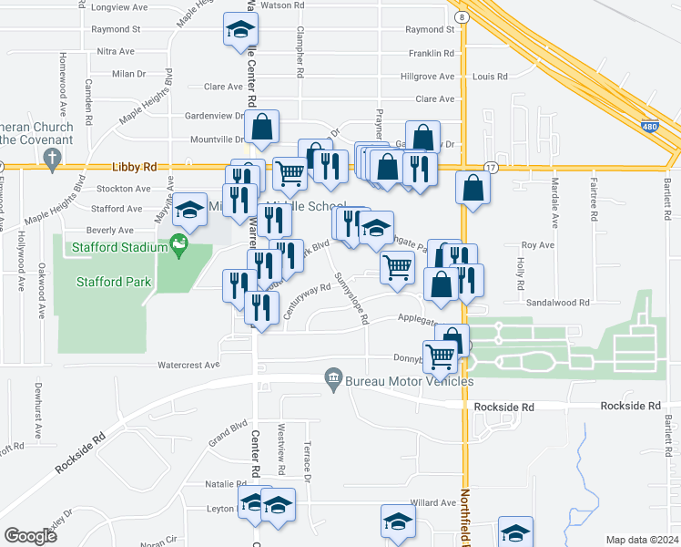 map of restaurants, bars, coffee shops, grocery stores, and more near 5381 Sunnyslope Road in Maple Heights