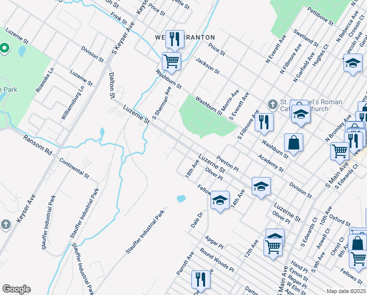 map of restaurants, bars, coffee shops, grocery stores, and more near 1910 Luzerne St in Scranton