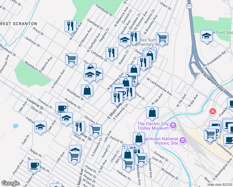 map of restaurants, bars, coffee shops, grocery stores, and more near 115 North Hyde Park Avenue in Scranton