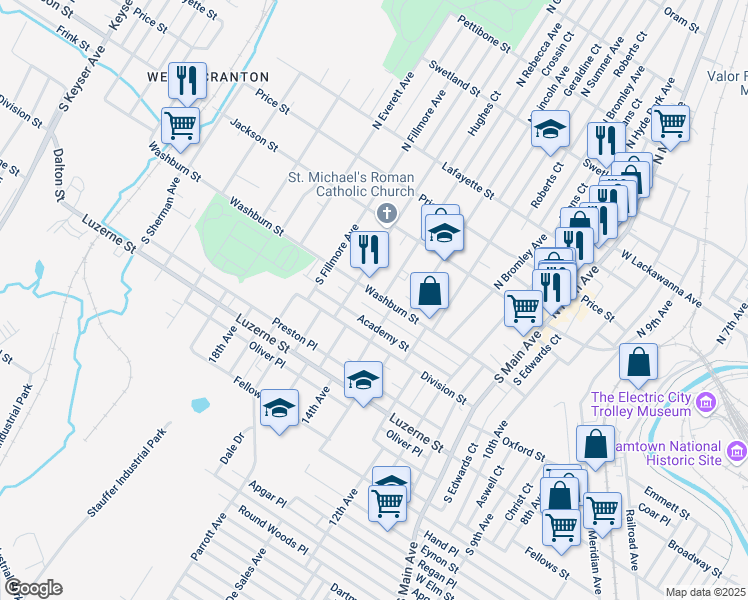 map of restaurants, bars, coffee shops, grocery stores, and more near 1603 Washburn Street in Scranton