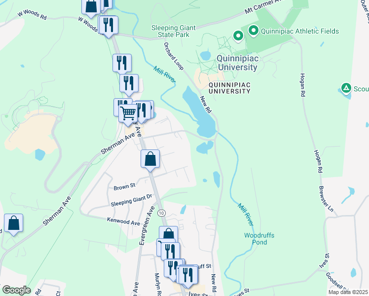 map of restaurants, bars, coffee shops, grocery stores, and more near 102 Sherman Avenue in Hamden