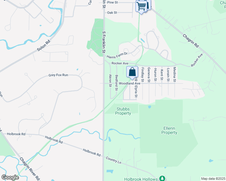map of restaurants, bars, coffee shops, grocery stores, and more near 16755 Bedford Street in Chagrin Falls