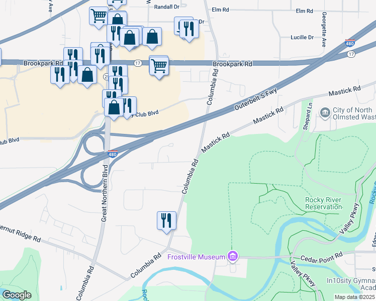 map of restaurants, bars, coffee shops, grocery stores, and more near 5250 Columbia Road in North Olmsted